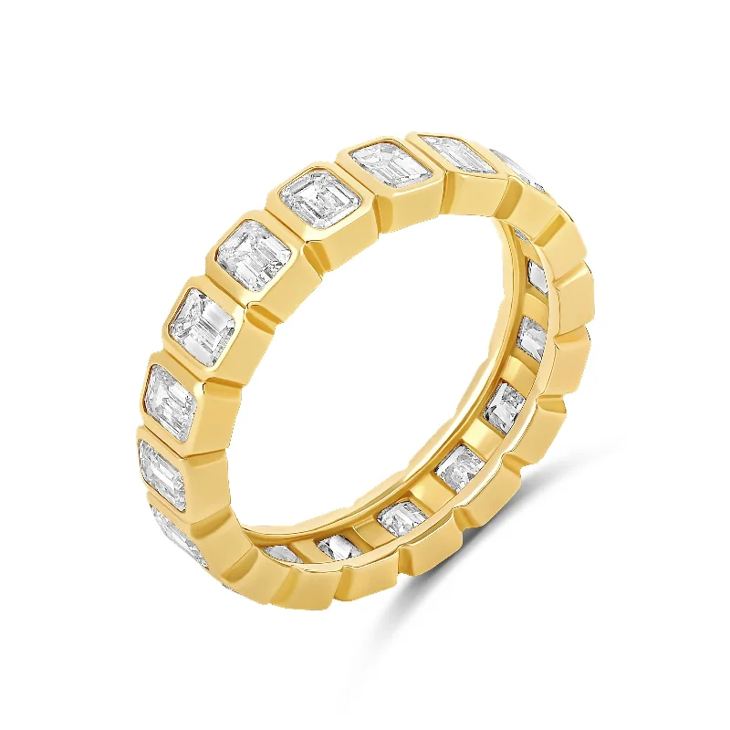 Gold Engagement Ring with Sapphire-Emerald Cut Lab Diamond Bezel Eternity Band