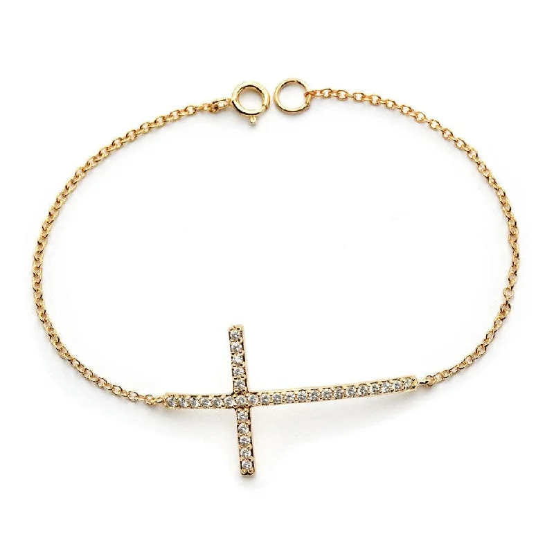 Adjustable Chain Bracelet-Silver 925 Gold Plated Sideways Cross Clear CZ Inlay Bracelet - BGB00148