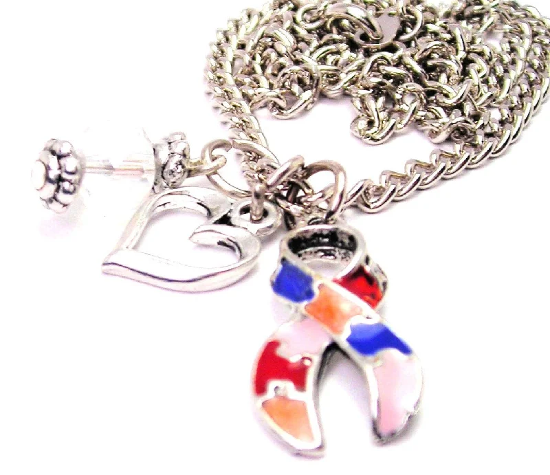 Beaded Necklace for Women-Hand Painted Autism Awareness Ribbon Necklace with Small Heart