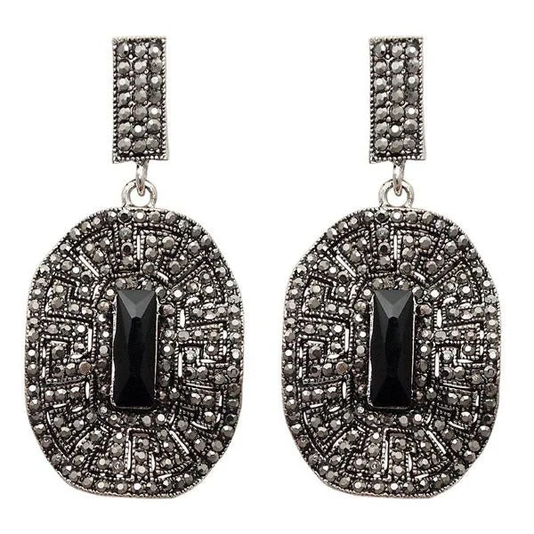 Bridal Earrings with Diamonds-Jeweljunk Black Marcasite Stone Oxidised Dangler Earring - 1307739A