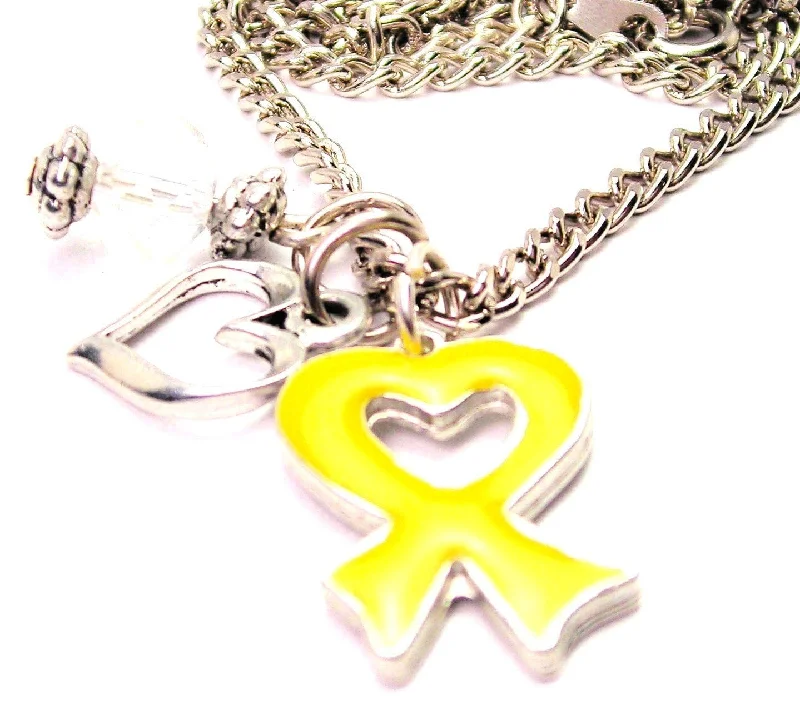 Antique Gold Necklace-Hand Painted Heart Shaped Awareness Ribbon Yellow Necklace with Small Heart