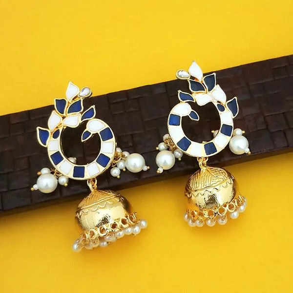 Beaded Earrings-Kriaa Blue And White Meenakari Pearl Jhumka Earrings