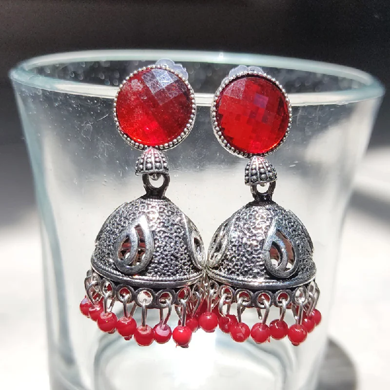 Vintage Silver Earrings-H K Fashion Oxidised Plated Crystal Stone Jhumki Earrings