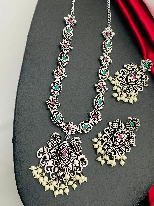 Black Diamond Necklace-Dazzling Multi Color Stone Studded Peacock Floral Designed Silver Toned Oxidized Necklace With Earrings