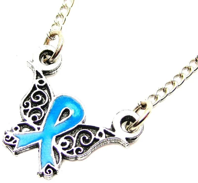 Elegant Gold Pendant Necklace-Butterfly Filigree Awareness Ribbon Pick Your Color For Your Cause Single Charm Necklace