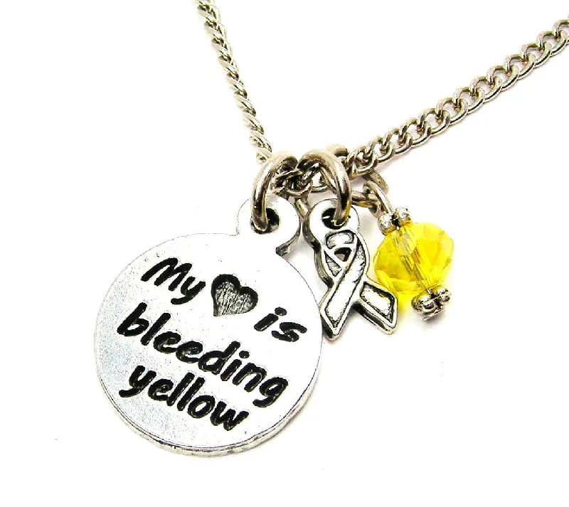 Handmade Silver Necklace-My Heart is Bleeding Yellow with Awareness Ribbon Necklace