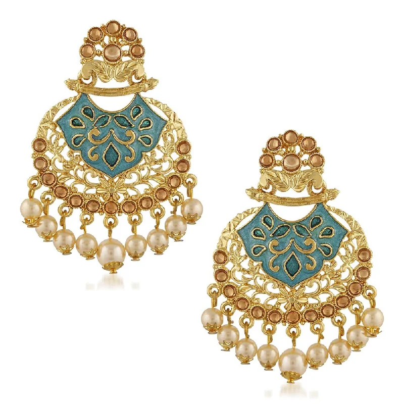 Natural Stone Earrings-Mahi Traditional Dangler Earrings with Artifical Pearl Green Meenakariwork for Women (ER1109703G)