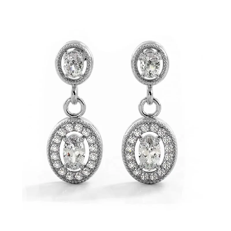 Long Silver Earrings-1.0 ctw. Vintage Inspired Oval and Round Diamond Drop Earrings