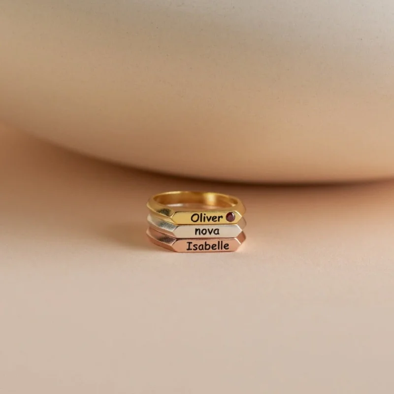 Gold Ring with Diamonds-Thin Name Signet Ring