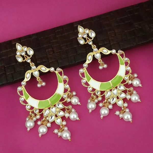 Bridal Earrings-Kriaa Green Meenakari Kundan Gold Plated Dangler Earrings - 1316330E