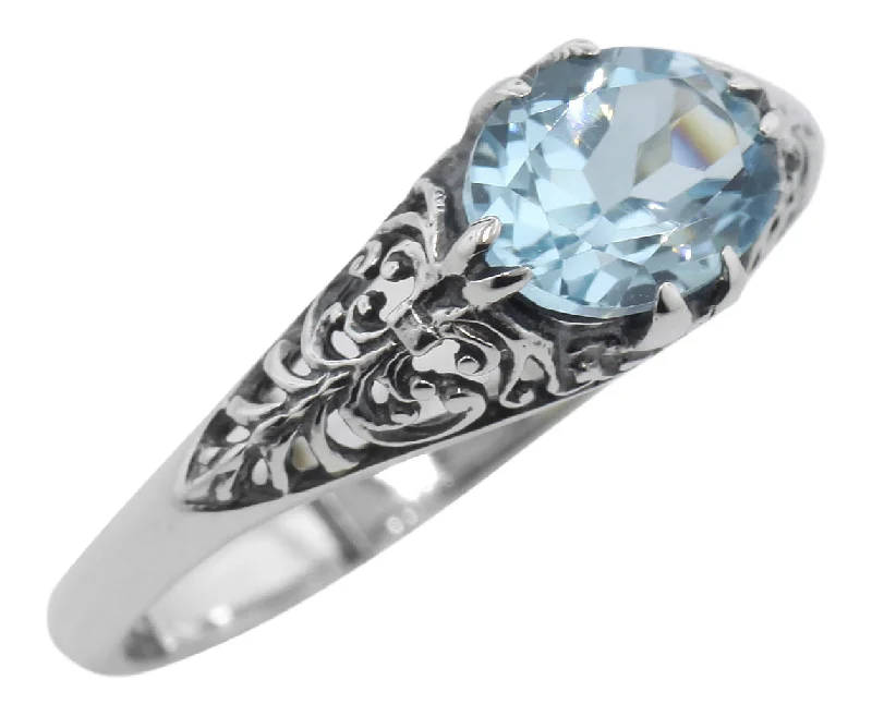 Elegant Silver Engagement Ring-Vintage Inspired Blue Topaz Filigree Ring