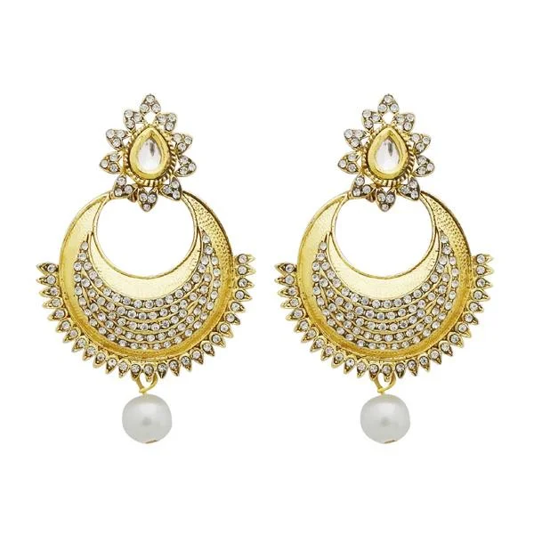 Simple Gold Earrings-Jheel Austrian Stone And Kundan Pearl Drop Dangler Earrings - 2900205B