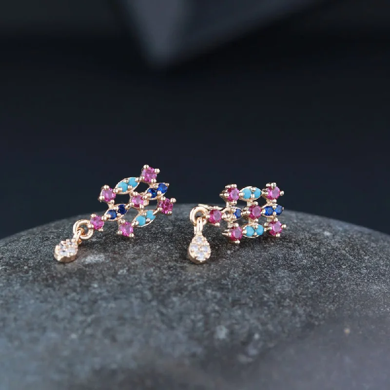 Colorful Dangle Earrings-Etnico Valentine's Special Rose Gold Plated Glittering Crystal AD Stone Studs Earrings for Women & Girls (E3083)