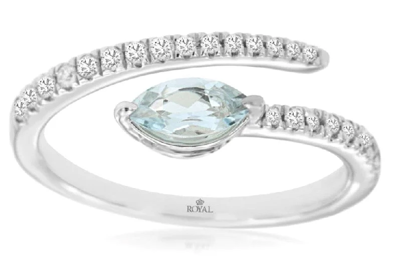 Classic Solitaire Ring-14k white gold marquis set aquamarine and diamond wrap ring