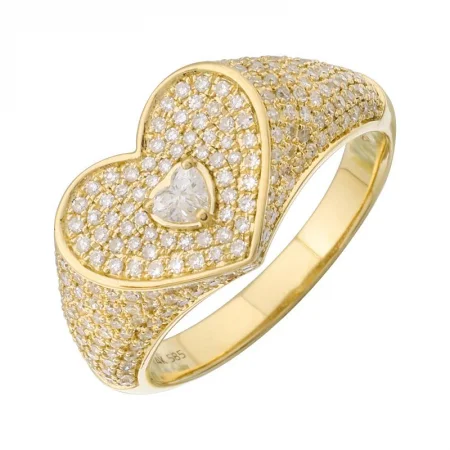 Large Gemstone Ring-Pave Heart Center Bezel Signet Ring