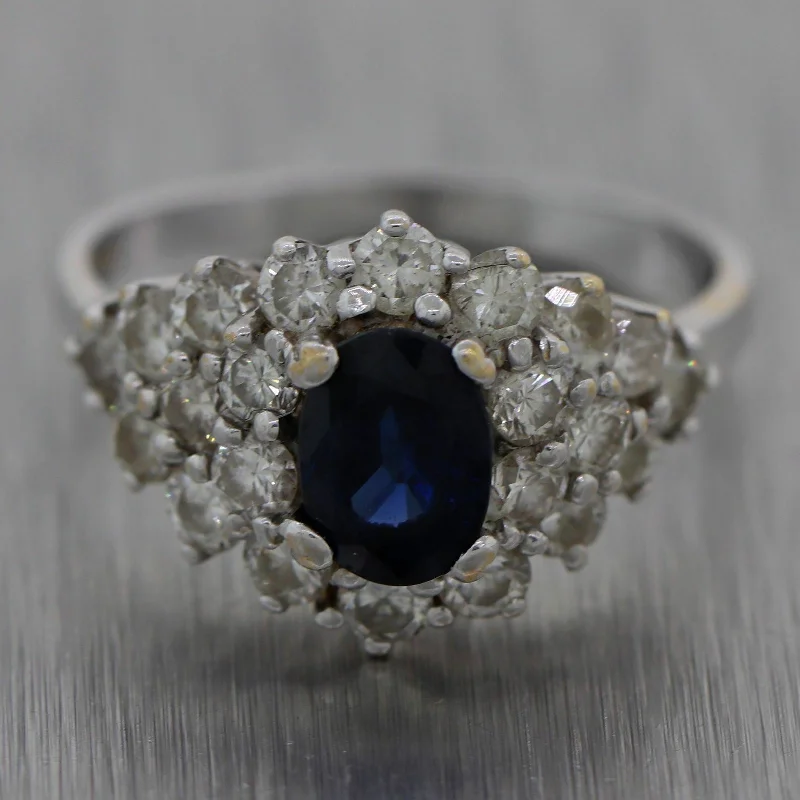 Boho Style Ring-Vintage Estate 14k White Gold 1.75ctw Sapphire & Diamond Cluster Ring