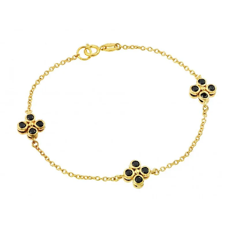 Boho Gold Bracelet-Silver 925 Gold Plated Three Clover Black CZ Inlay Bracelet - BGB00189