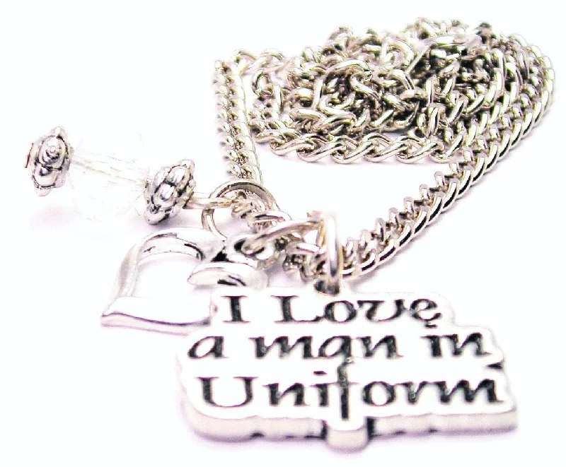 Dainty Silver Necklace-I Love A Man In Uniform Heart And Crystal Necklace