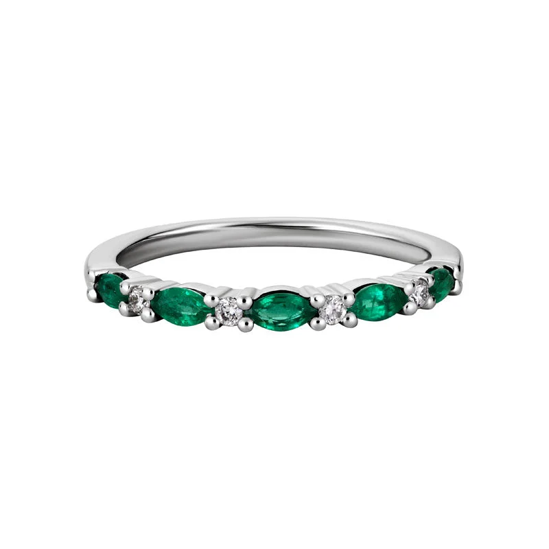 Unique Wedding Rings-Marquis Emerald & Round Diamond Alternating Band