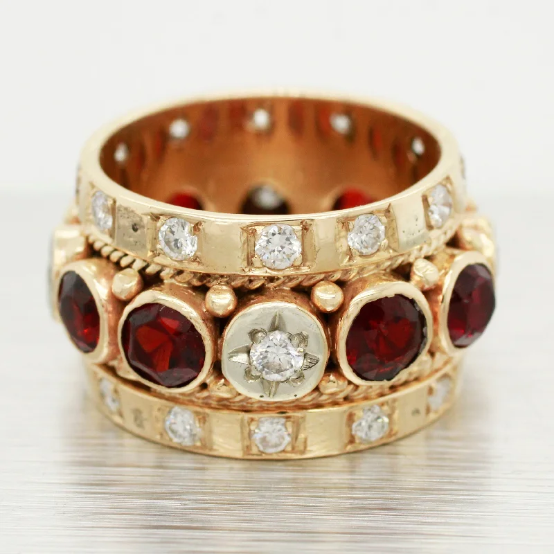 Silver Wedding Band with Diamonds-Vintage 2.00ctw Garnet & Diamond Ring - 14k Yellow Gold Milgrain Band