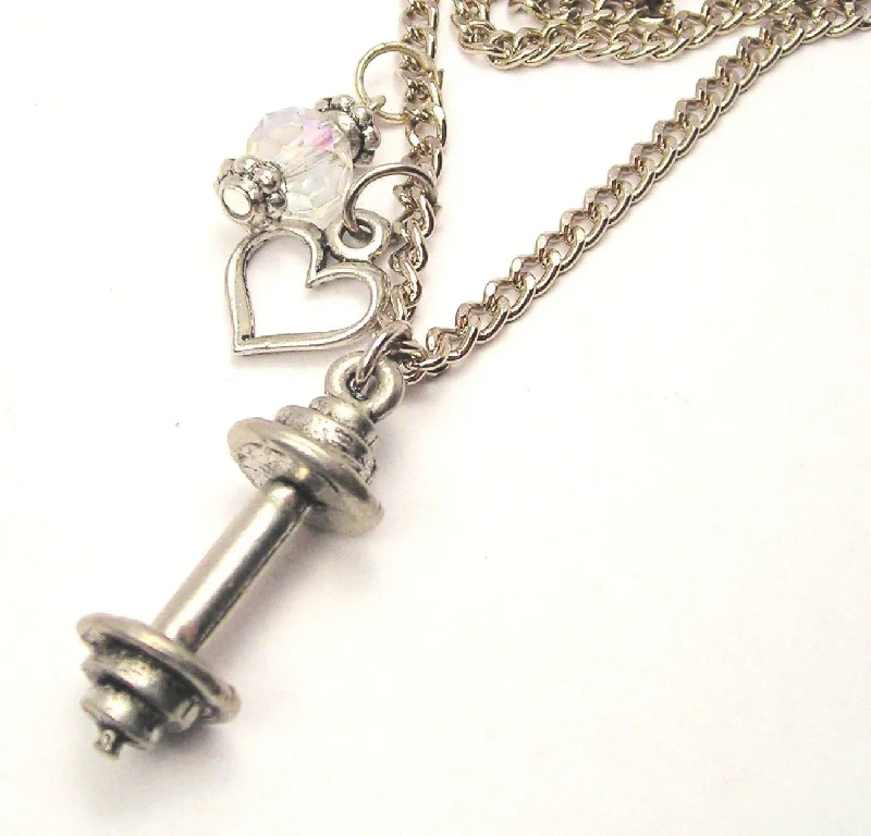 Sterling Silver Pendant Necklace-Barbell Heart And Crystal Necklace