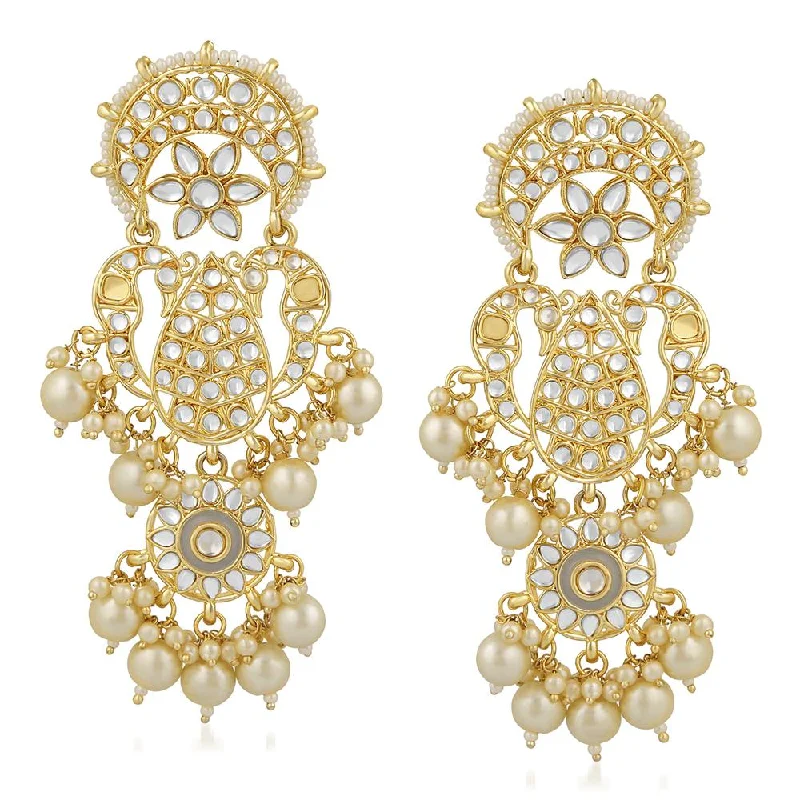 Luxury Crystal Earrings-Mahi Gold Plated Traditional White Kundan Long Dangler Earring For Women VECJ100198