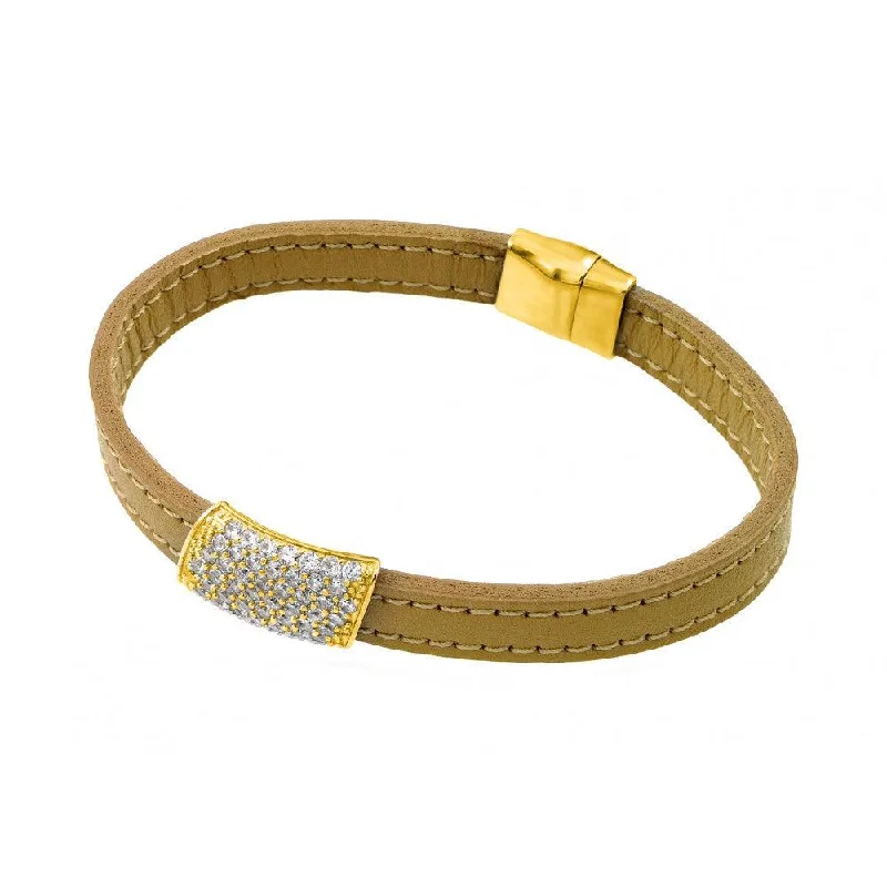 Designer Gold Bracelet-Silver 925 Gold Plated Clear CZ Inlay Yellow Leather Bracelet - ECB002GP