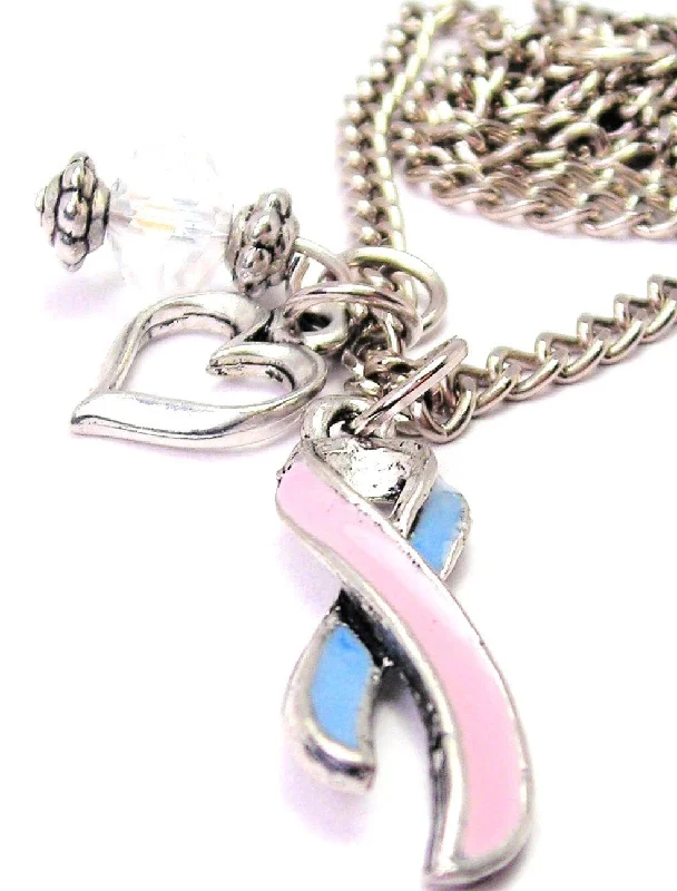 Classic Pearl Necklace-Infant Loss Ribbon Pink And Blue Heart And Crystal Necklace