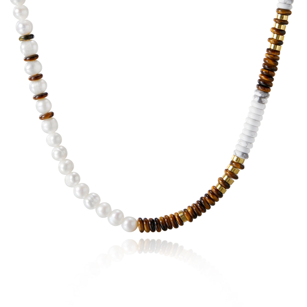 Minimalist Gold Necklace-Boho Beaded Choker Necklace Natural Tiger Eye & Freshwater Pearl Surfer Necklace