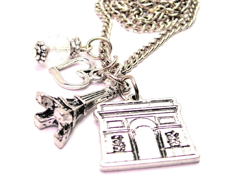 Engraved Name Necklace-French Arc De Triomphe Detailed With Eiffel Tower Necklace with Small Heart