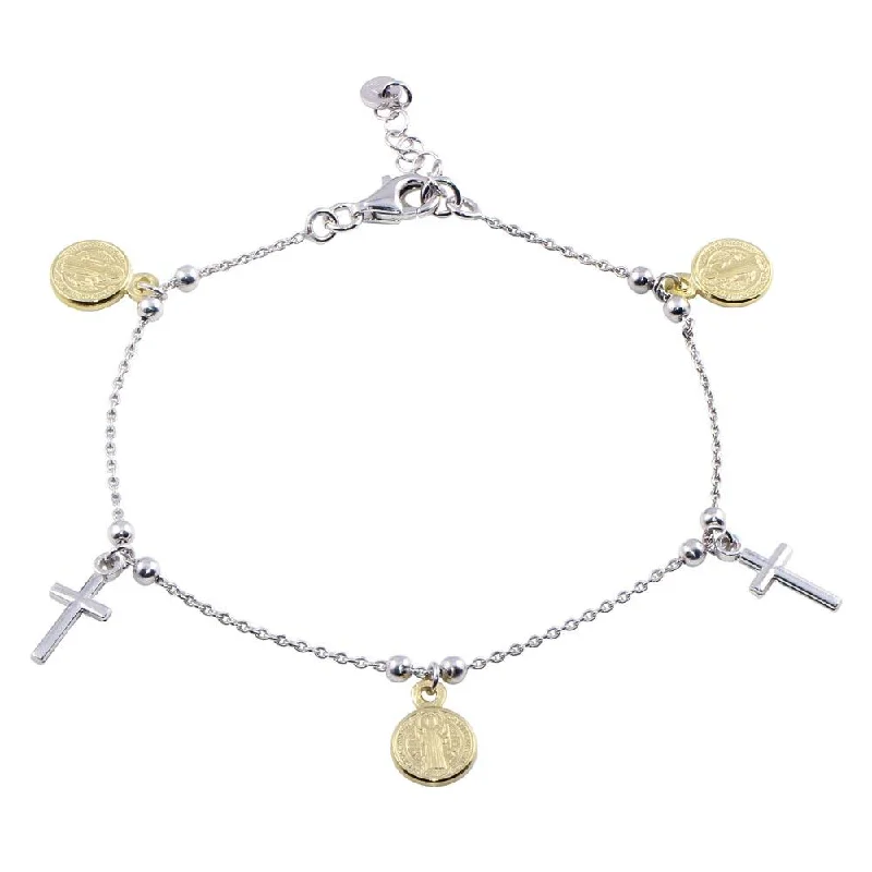 Diamond Link Bracelet-Gold Plated 925 Sterling Two-Tone 925 Sterling Silver Dangling Charm Bead Bracelet - ARB00056RH-GP