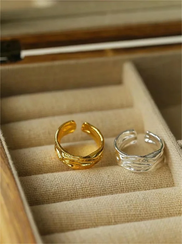 Handmade Gold Ring-Minimalist Irregular Pleats Wide Version Open Ring