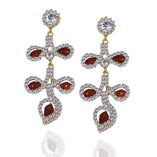 Flower Shaped Earrings-Eugenia Maroon Austrian Stone Gold Plated  Dangler Earrings - 1302702