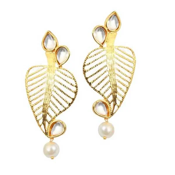 Vintage Silver Earrings-Kriaa Kundan Gold Plated Leaf Dangler Earrings - 1305021