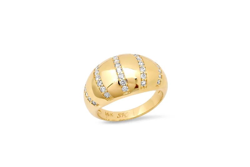 Gold Engagement Ring with Diamond-Diamond Stripe Domed Ring