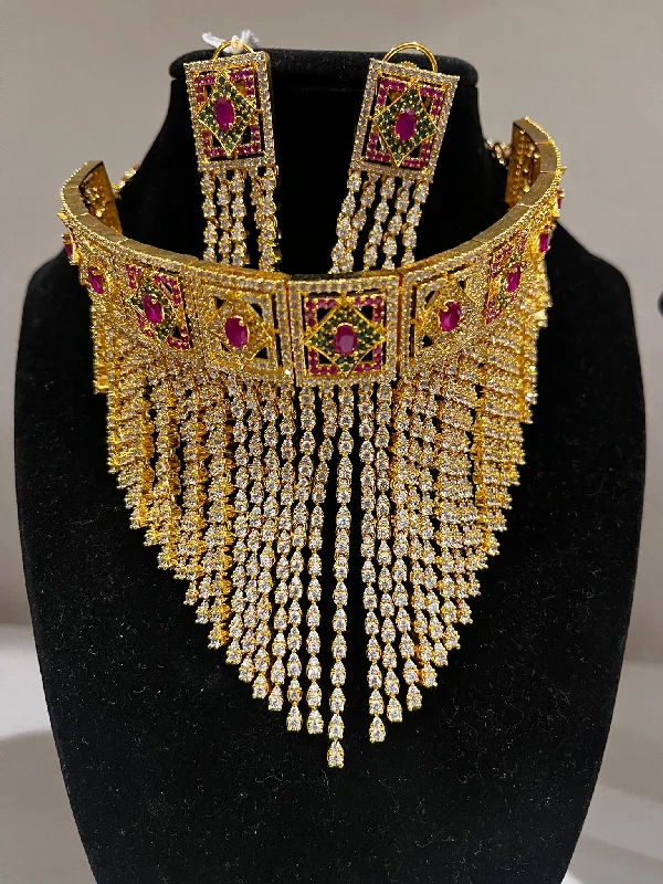 Fashion Jewelry Necklace-Attractive Gold Plated Multicolor Stone Design Necklace With Earrings