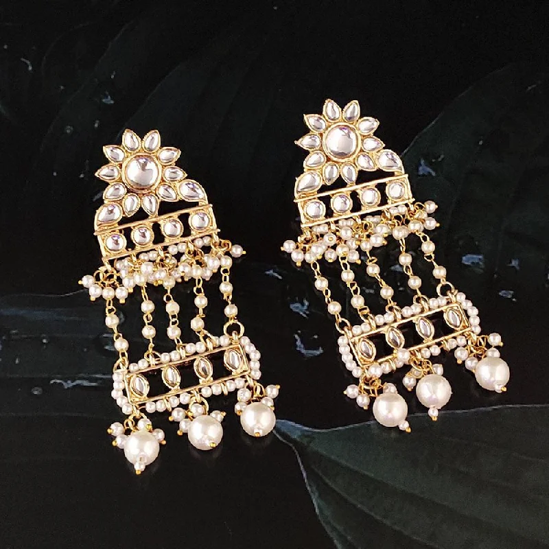 Classic Pearl Earrings-Kriaa Gold Plated White Beads and Kundan Dangler Earrings - 1316372A