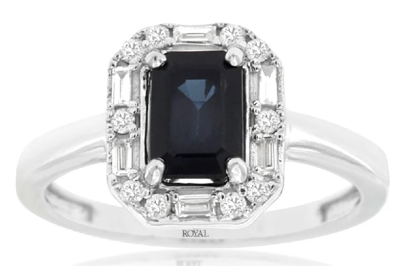 Large Gemstone Ring-14k white gold emerald cut sapphire diamond round and baguette bezel size 7