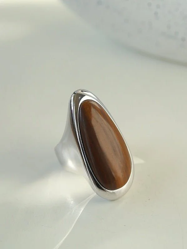 Unique Wedding Band-Oval Natural Wood Grain Stone Ring