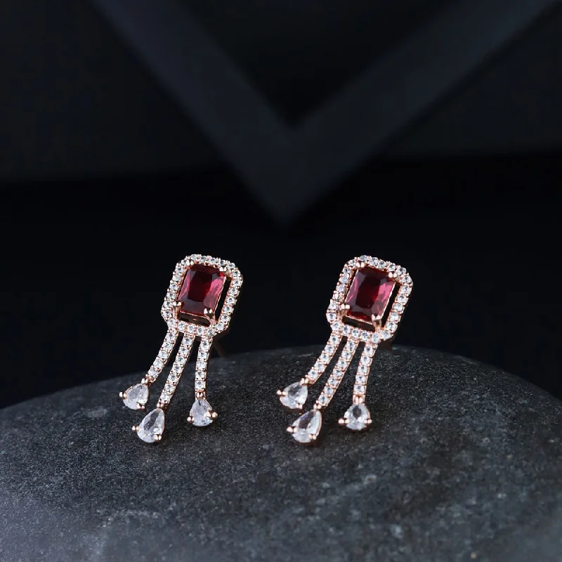 Long Crystal Earrings-Etnico Valentine's Special Rose Gold Plated Red CZ & American Diamond Beautiful Studs Earrings for Women/Girls (E3067R)