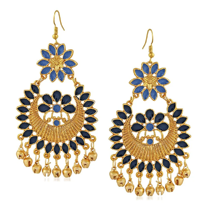 Statement Earrings for Bridesmaids-Mahi Blue Meenakari Work Floral Dangler Earrings with Ghungroo for Women(VECJ100217Blu)