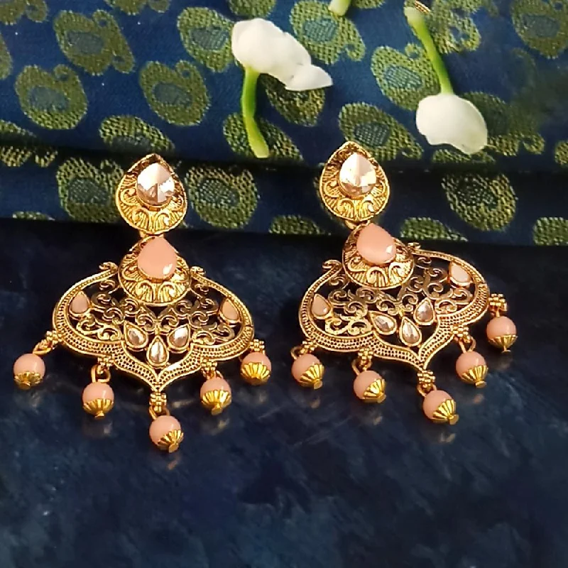 Elegant Drop Earrings-JD Arts Antique Gold Plated Kundan Peach Beads Dangler Earrings - 1317625F