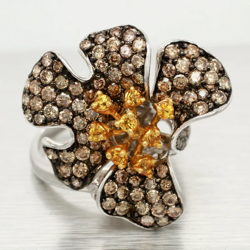 Unique Couples Rings-Samuel Benham Citrine & Champagne Diamond Flower Ring - 14k White Gold