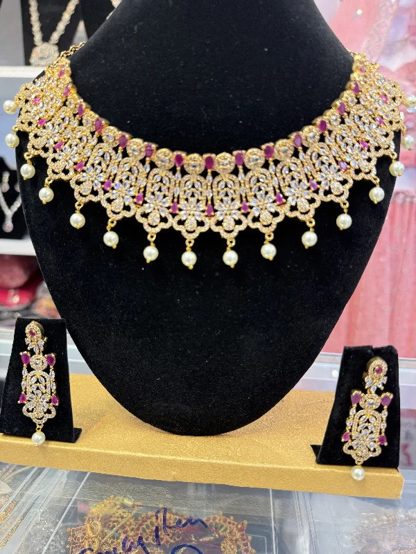 Women’s Gold Necklace-Attractive Gold Plated Rani Pink Stoned Necklace With Earrings