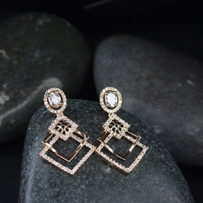 Bohemian Earrings-Etnico Valentine's Special Rose Gold Plated & White AD Studded Drop Earrings for Women (E2977)