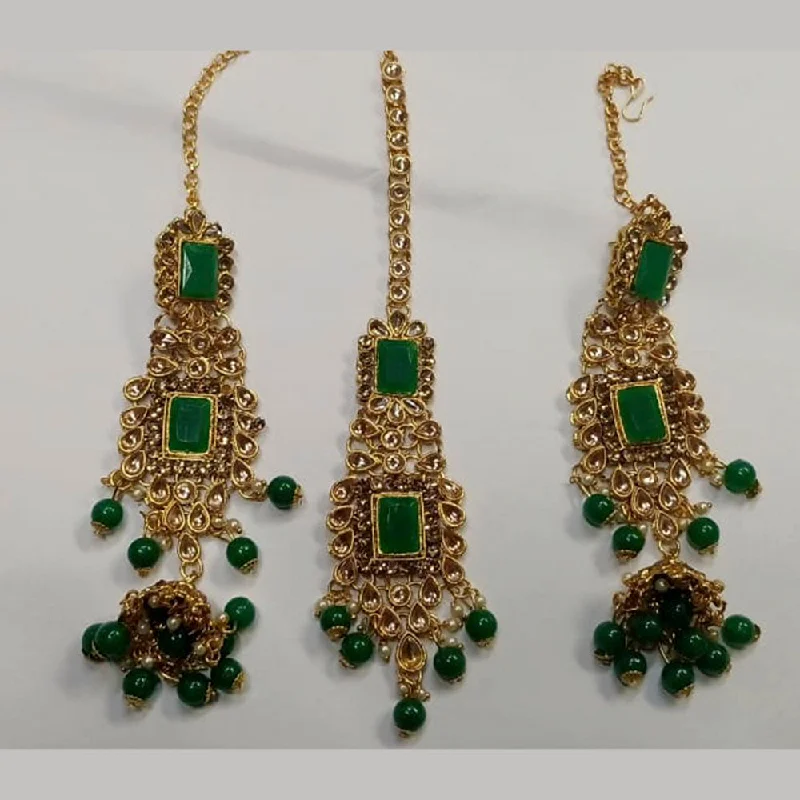 Gold Plated Earrings-Kumavat Jewels Kundan Stone & Beads Dangler Earrings With Maang Tikka