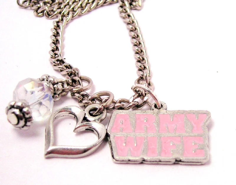 Simple Silver Pendant Necklace-Hand Painted Army Wife Pink Necklace with Small Heart