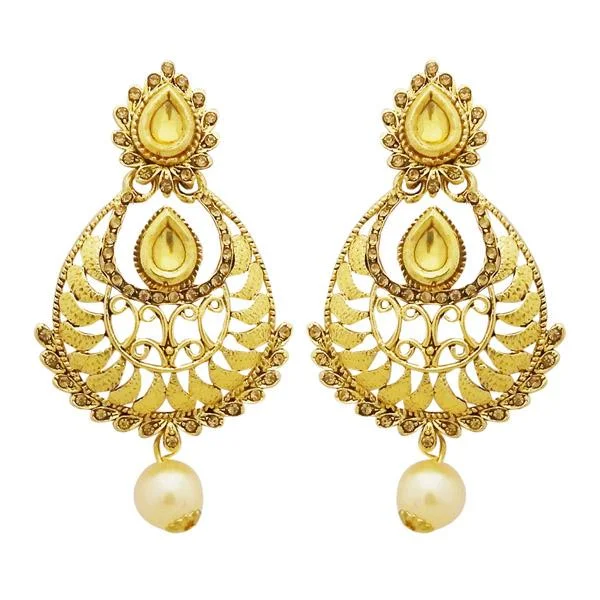 Modern Silver Earrings-Jheel Gold Plated Stone Pearl Drop Dangler Earrings - 2900231A