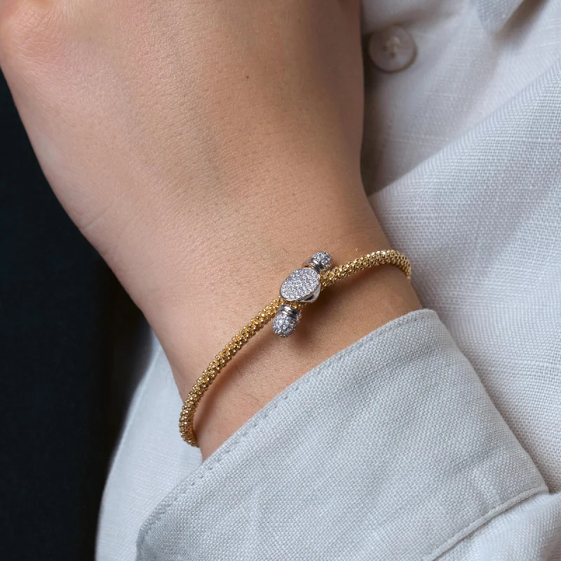 Silver Bangle for Casual Wear-Silver 925 Rhodium and Gold Plated Circle Micro Pave Clear CZ Beaded Italian Bracelet - ITB00170GP