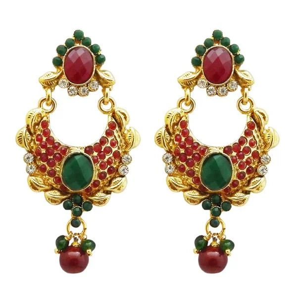 Trendy Hoop Earrings-Kriaa Maroon And Green Stone Gold Plated Dangler Earrings - 1304953C